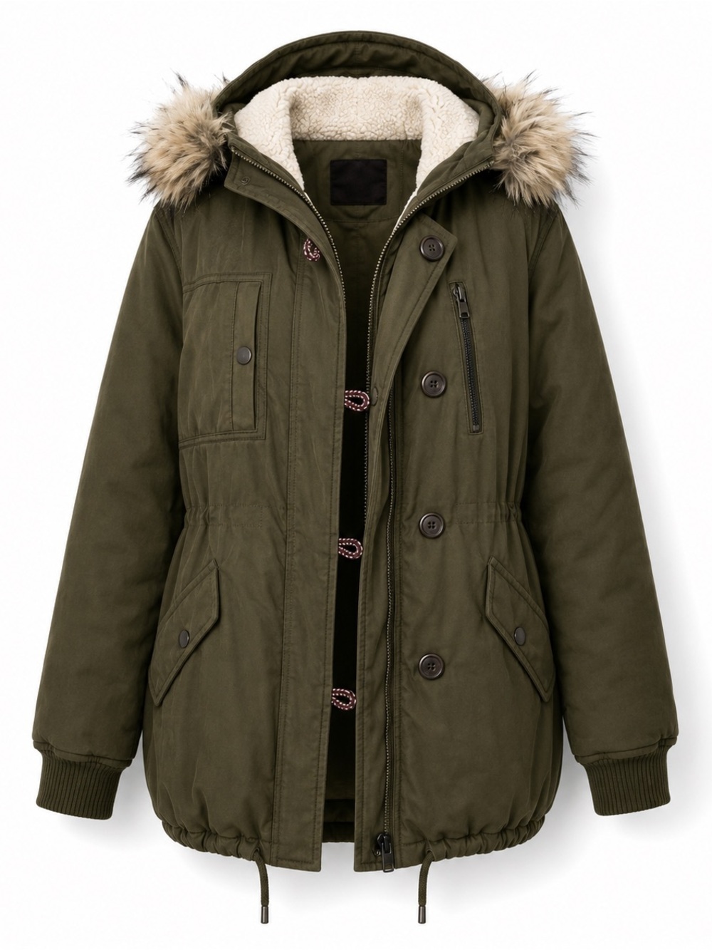 Zara Olive Green Parka with Faux Fur Hood - Picture 1 of 16